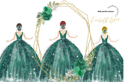 Elegant Emerald Green Princess Dresses Clipart, White Flowers Clipart