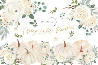 Elegant Creamy White Pumpkin Clipart, White flowers Gold , Autumn Fall