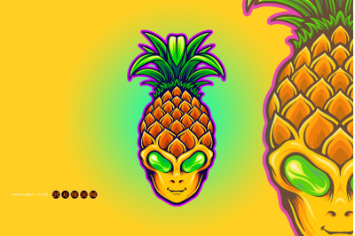 Alien head with pineapple fruit illustrations