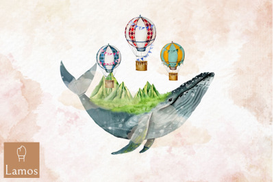 Whale Fly With Air Balloon Sky Design