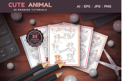 Set drawing tutorial step by step cartoon characters adorable animals