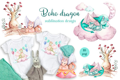 Boho dragon sublimation design, Boho animals sublimation PNG