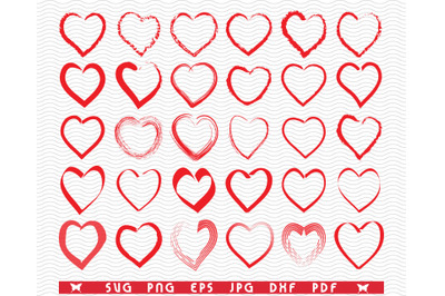 SVG Hearts hand drawn, Red  Silhouettes digital clipart