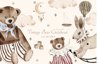 Vintage Watercolor Bear Clipart Set Nursery Art