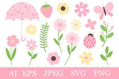 Floral Umbrella. Flowers clipart. Ladybug SVG. Summer budle