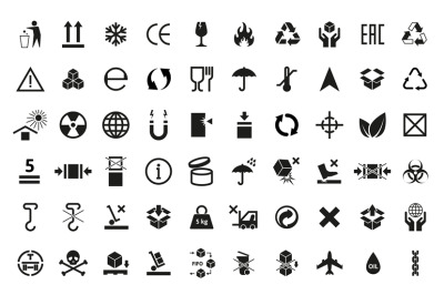 Packaging symbols. Cargo shipping and product labeling icons. Handle w