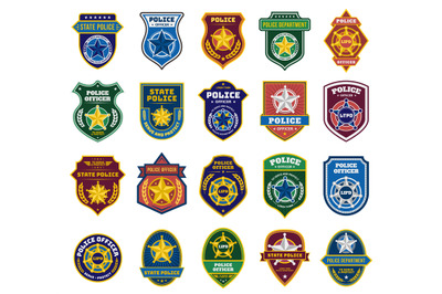 Police badges. Security officer and federal department signs, state po