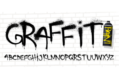 Spray graffiti font. Urban wall tagging lettering, street art text wit