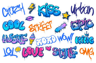 Street art lettering. Crazy urban graffiti, streets culture spray insc