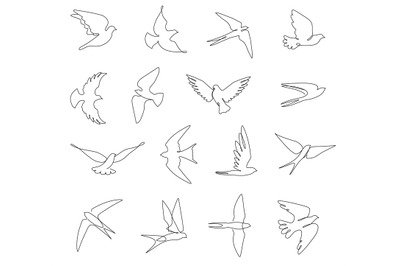 Continuous line birds. Flying swallow&2C; doves and abstract bird with ou