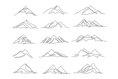One line mountains. Linear mountain ranges and continuous outline peak