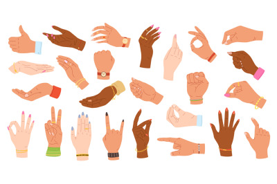 Hand gestures. Human hands hold, point and grip. Multiethnic hands wit