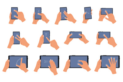 Cartoon touchscreen hand gestures, human hands on smartphone and table