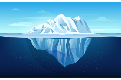 Cartoon iceberg. Growler floating In ocean, underwater part of the ice