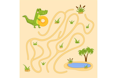 Crocodile maze. Labyrinth puzzle, help alligator find way to oasis lak