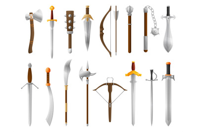 Cartoon medieval weapon. Old sword, bow and axe. Fantasy knight battle