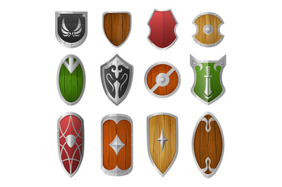 Cartoon shields. Wooden and metal armor, medieval military guard knigh