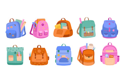 School backpacks. Kids schoolbags, childish bags with school supplies,