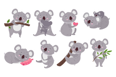 Cartoon koalas. Cute australia bear sleep, wild koala on a branch and