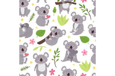 Koala pattern. Seamless bear animals with plant leaves and branches. P