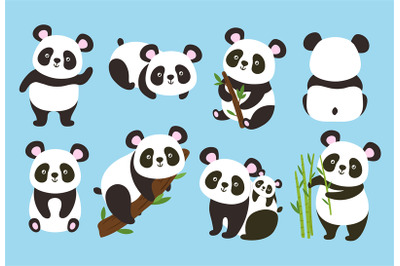 Cartoon pandas. Cute baby bear with bamboo and tree branches, panda in