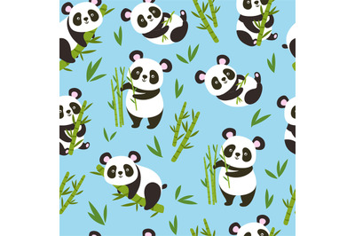 Pandas pattern. Seamles baby panda bears with bamboo branches, cute ch