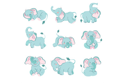 Cute baby elephants. Newborn animal, elephant in different poses, zoo