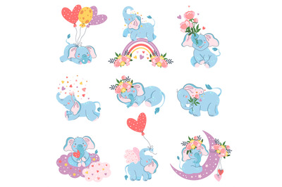 Elephants in love. Romantic cute animal&2C; elephant with heart shapes an