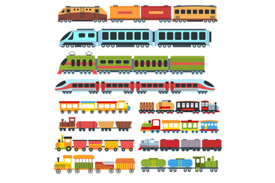 Cartoon trains. Kids toys train with wagons, childrens railway vector