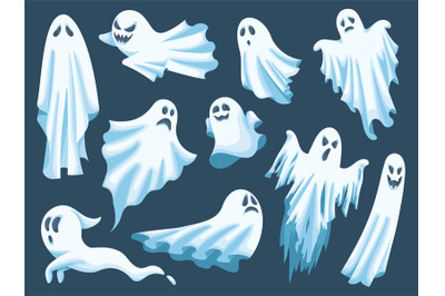 Cartoon ghost. Spooky Halloween spirit, poltergeist characters, angry