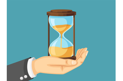 Businessman hand holding hourglass. Time management, deadline clock an