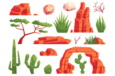 Cartoon sand desert elements. Western cactuses, tumbleweeds and aloe p