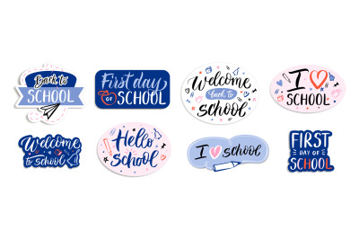 Welcome back to school badges. Hand drawn lettering labels, education