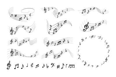 Sheet music notes. Elegant musically lines, musical notation swirls wi