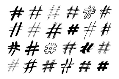 Hand drawn hashtag signs. Grunge brush hash symbols, hand painted tag