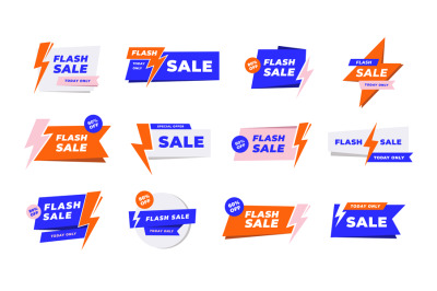 Flash sale labels. Today only lightning fast offer badge tags, promoti