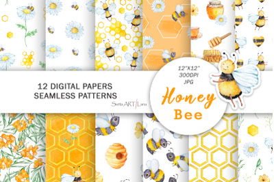 Watercolor Honey Bee digital paper