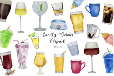 Watercolor Drink Family Print, 24 Drinks Illustration PNG