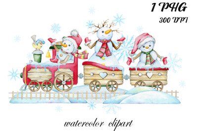 Snowmen, train, snowflakes, Christmas watercolor clipart