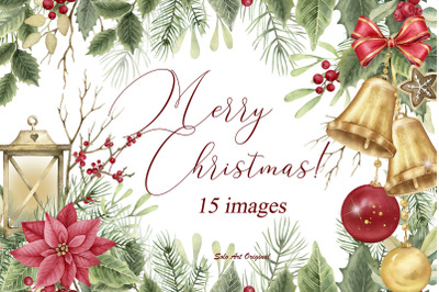 Christmas frame, border,Clipart, bells,socks,poinsettia