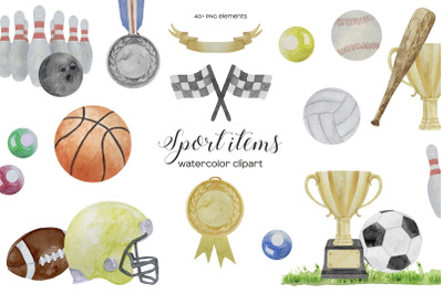 Watercolor Sport Clipart, Football Baseball Equipment