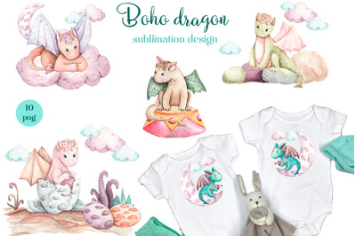 Boho dragon sublimation design, Boho animals sublimation PNG