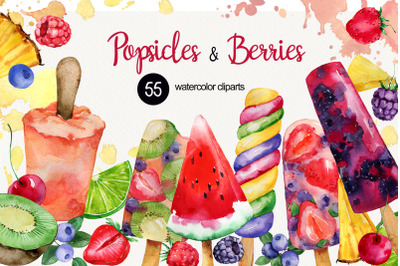 Watercolor popsicles&amp;berries clipart