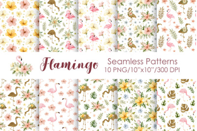 Watercolor flamingo seamless patterns