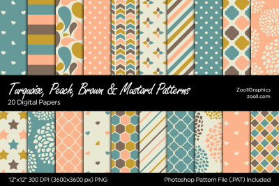Turquoise, Peach, Brown And Mustard Digital Papers