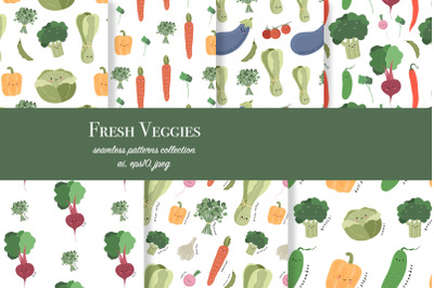 Fresh vegetables set of seamless patterns, AI, EPS10, JPEG