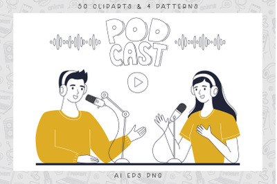 Podcast doodle cliparts &amp; patterns