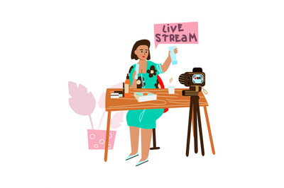 Live streaming. Cartoon woman recording video for blog. Beauty blogger