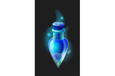 Magic elixir. Cartoon frost potion. Closed phial full of blue cold liq