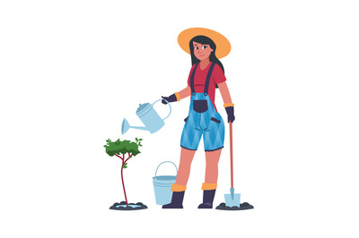 Woman working in garden. Cartoon young female planting and watering tr